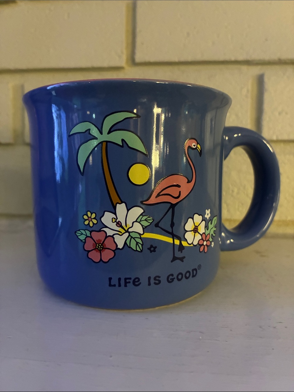 Life Is Good Blue Flamingo & Tropical Floral Ceramic Mug